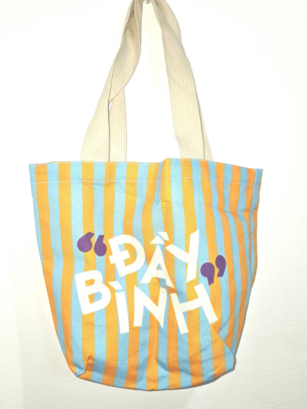 Striped Orange and Light Blue Canvas Tote with Cream Straps